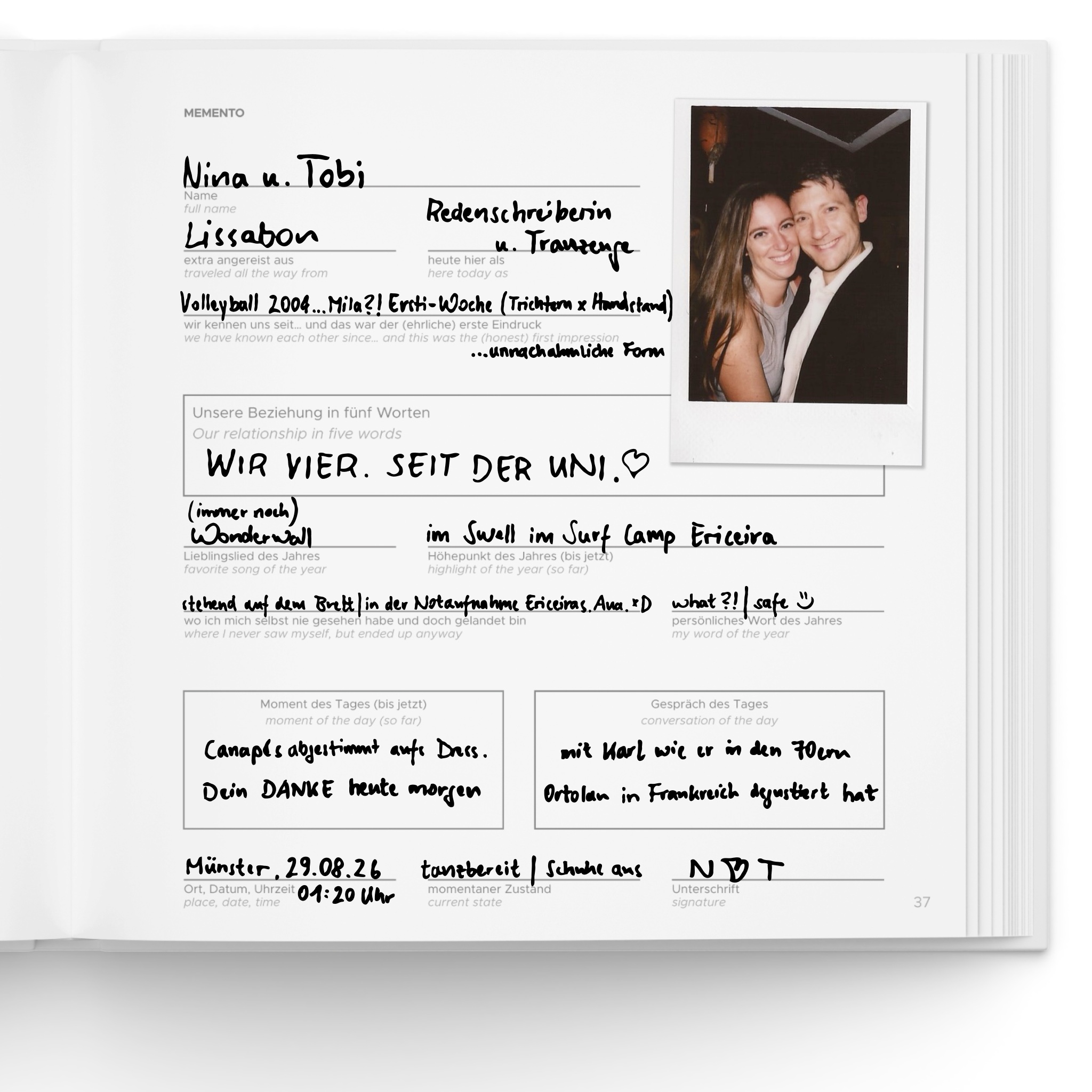 MEMENTO — the printed entry page (right)