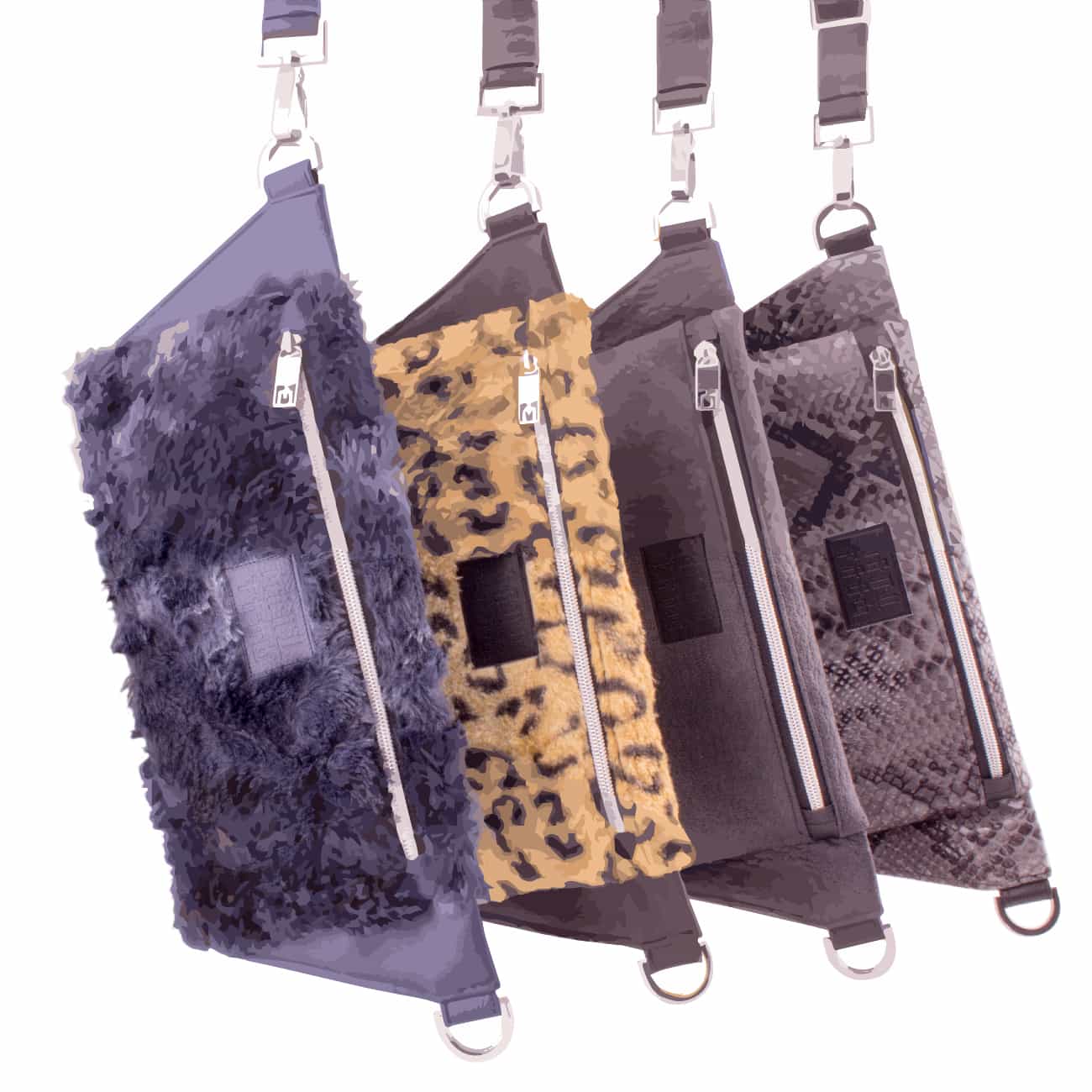 Limited Edition Belt Bags hanging from top: Blue beast, Leo plush, Elephant, Snake. Designer bags handmade in Germany by Manufabo.