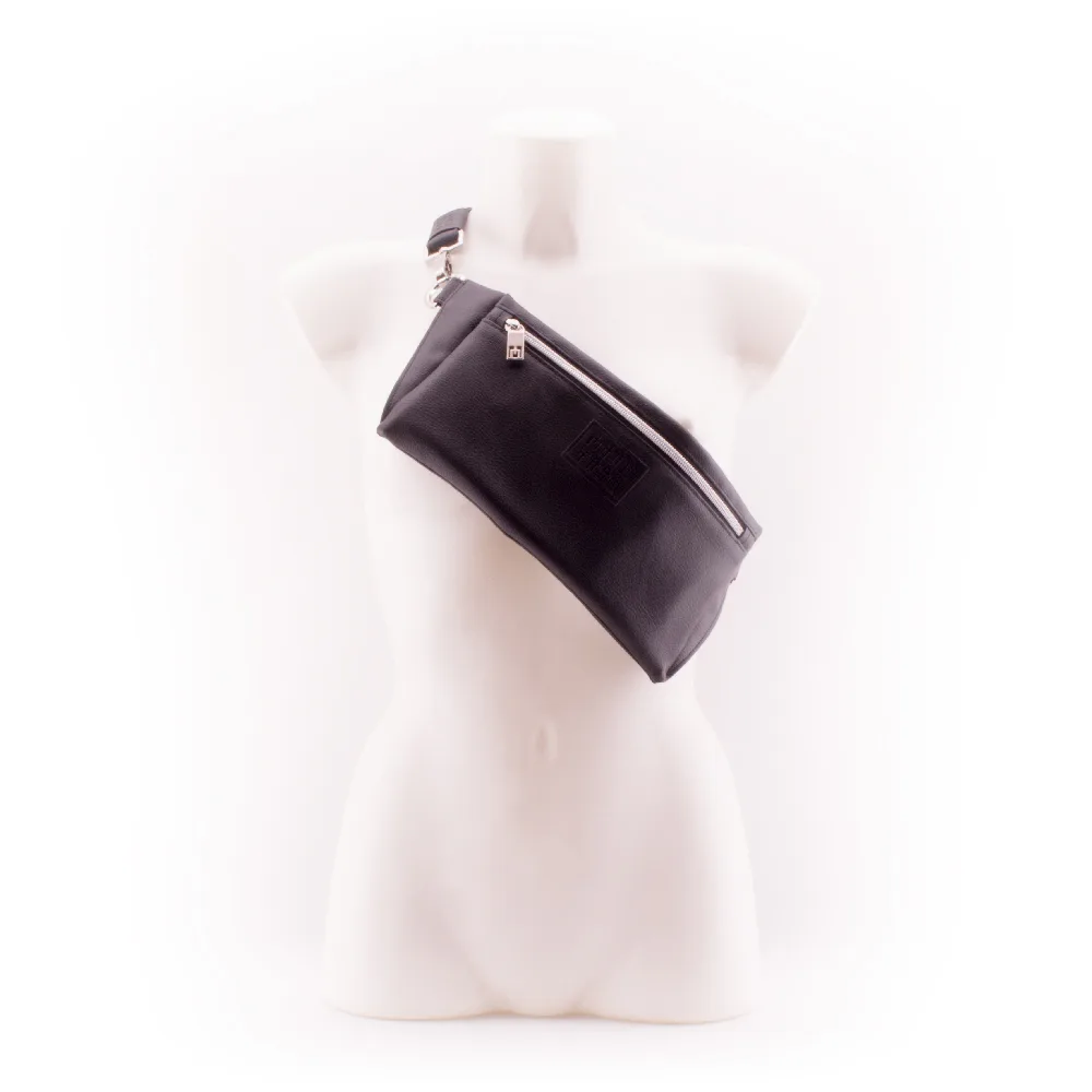 Black Designer Belt Bag by manufabo Cross Body on Mannequin Front View jpg