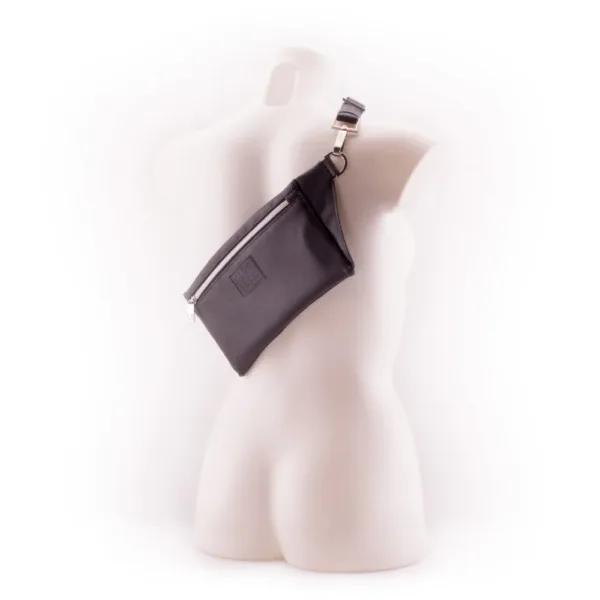 Black Designer Belt Bag by manufabo Cross Body on White Mannequin Back View jpg