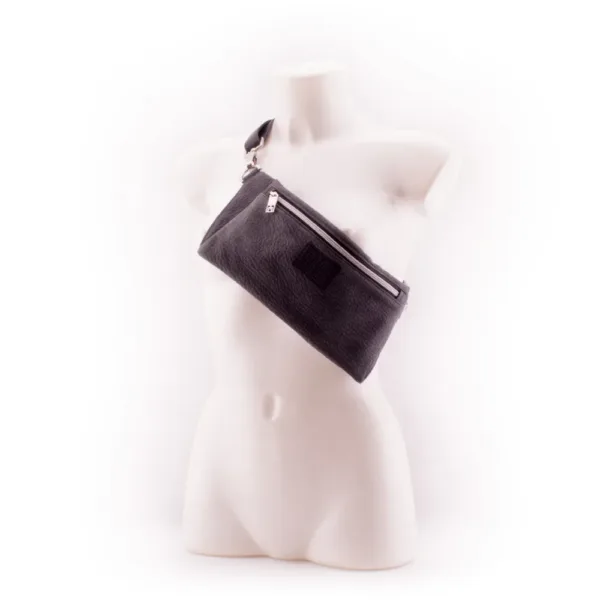 Dark Grey Faux Elephant Skin Designer Belt Bag by manufabo Cross Body on Mannequin Front View Diagonal jpg