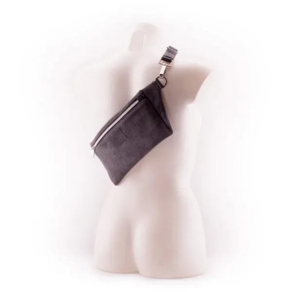 Dark Grey Faux Elephant Skin Designer Belt Bag by manufabo Cross Body on White Mannequin Back View jpg