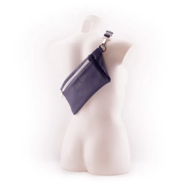 Deep Blue Designer Belt Bag by manufabo Cross Body on White Mannequin Back View jpg