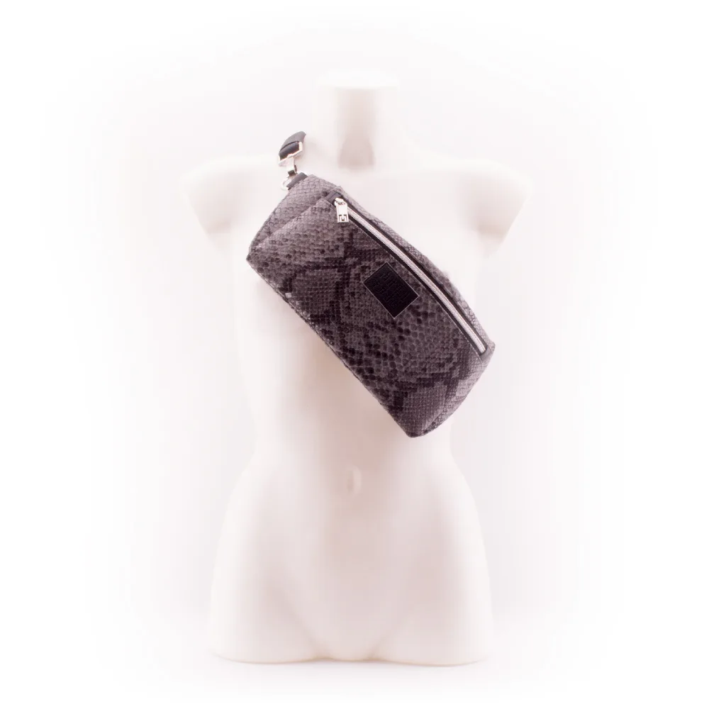 Faux Leather Snake Skin Designer Belt Bag by manufabo Cross Body on Mannequin Front View jpg