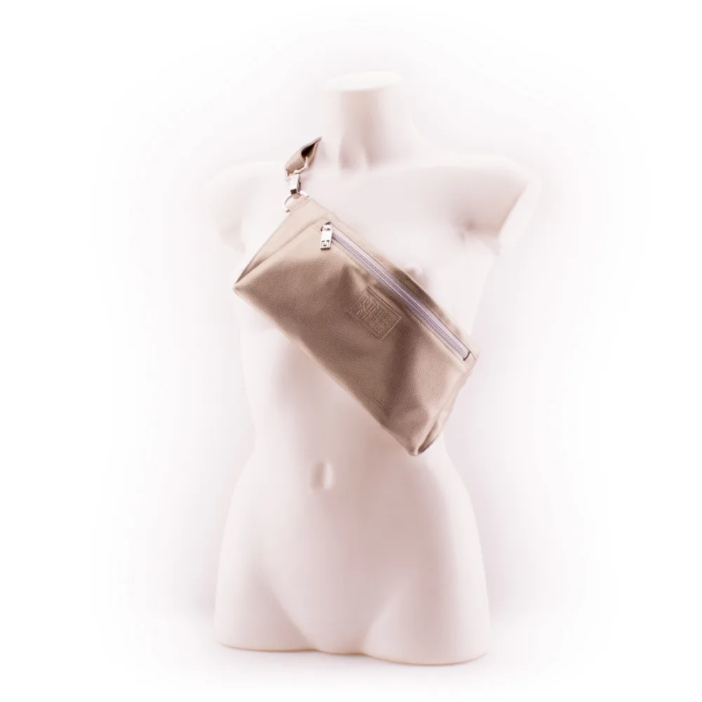 Metallic-Sand-Designer-Belt-Bag-by-manufabo-Cross-Body-on-White-Mannequin-Front-View