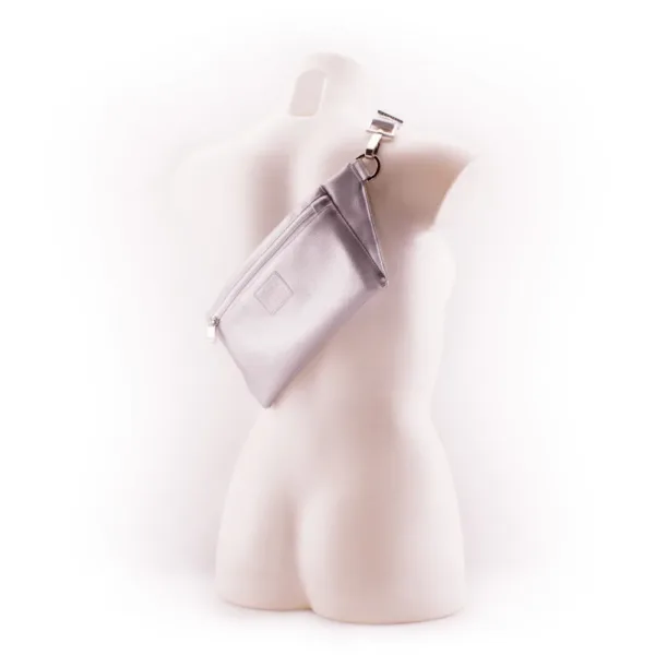Metallic Silver Designer Belt Bag by manufabo Cross Body on White Mannequin Back View jpg