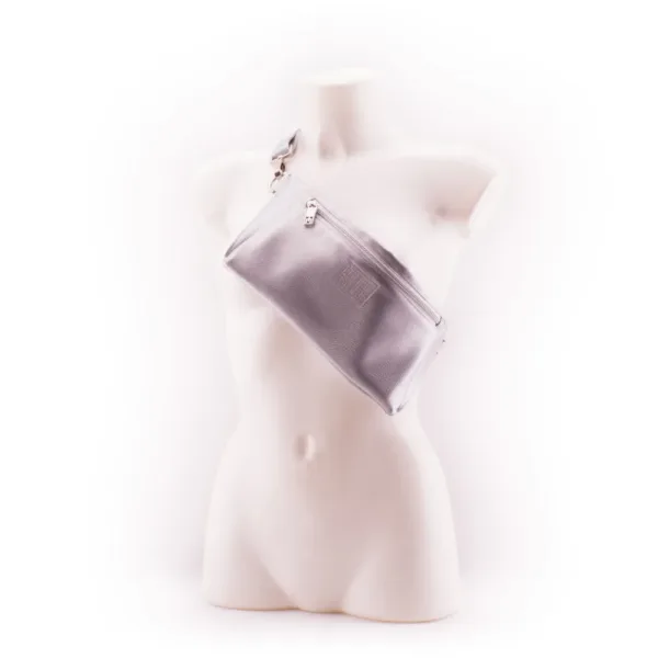 Metallic Silver Designer Belt Bag by manufabo Cross Body on White Mannequin Front View jpg