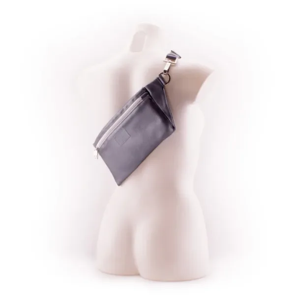 Metallic Slate Gray Designer Belt Bag by manufabo Cross Body on White Mannequin Back View jpg