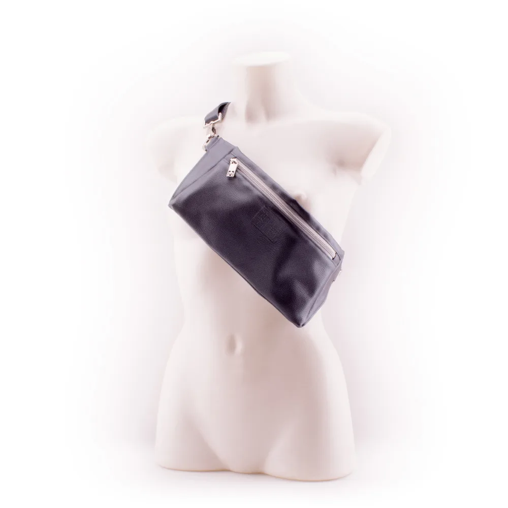 Metallic-Slate-Gray-Designer-Belt-Bag-by-manufabo-Cross-Body-on-White-Mannequin-Front-View