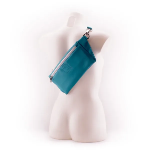 Petrol Turquoise Designer Belt Bag by manufabo Cross Body on White Mannequin Back View jpg