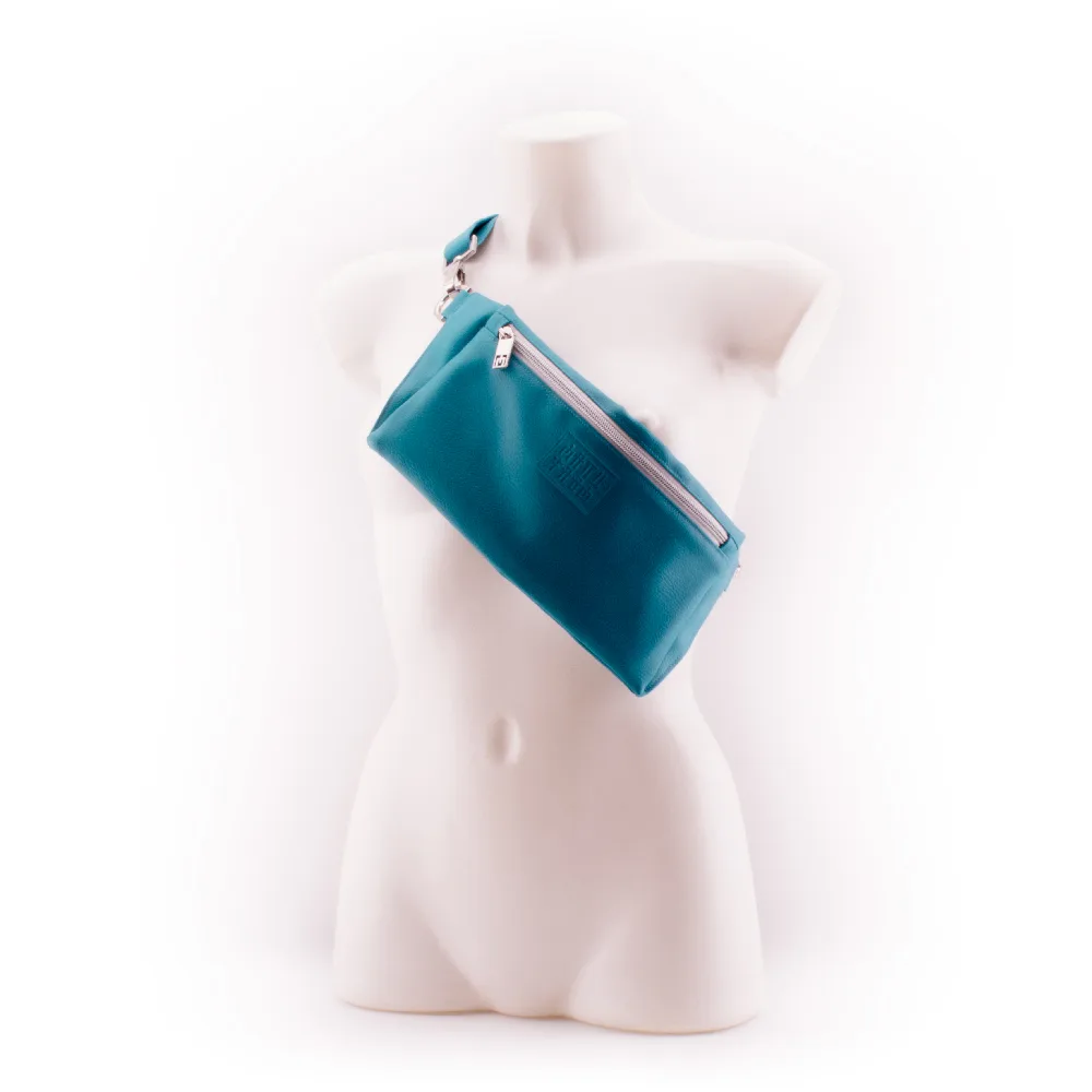 Petrol Turquoise Designer Belt Bag by manufabo Cross Body on White Mannequin Front View jpg