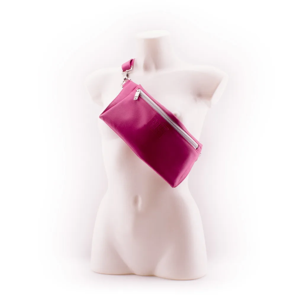 Pink Designer Belt Bag by manufabo Cross Body on White Mannequin Front View jpg