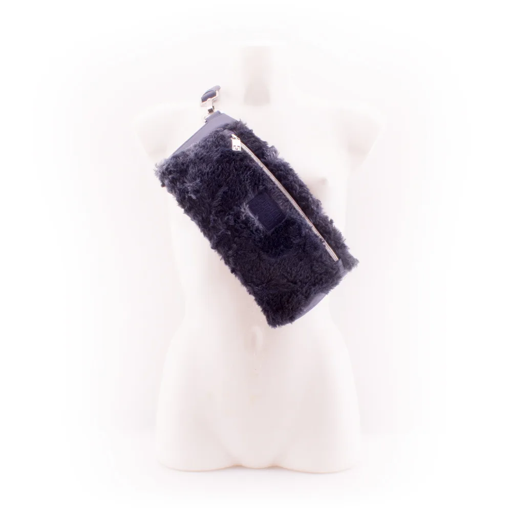 Plush-Blue-Beast-Fluffy-Designer-Belt-Bag-by-manufabo-Cross-Body-on-Mannequin-Front-View-Diagonal