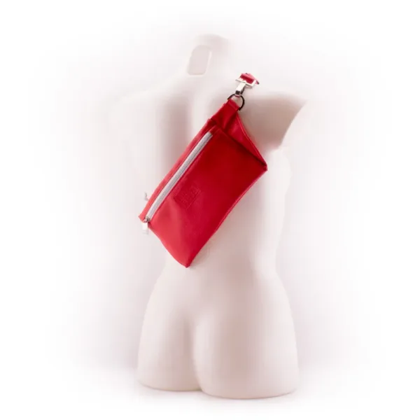 Red Designer Belt Bag by manufabo Cross Body on White Mannequin Back View jpg