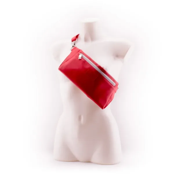 Red Designer Belt Bag by manufabo Cross Body on White Mannequin Front View jpg