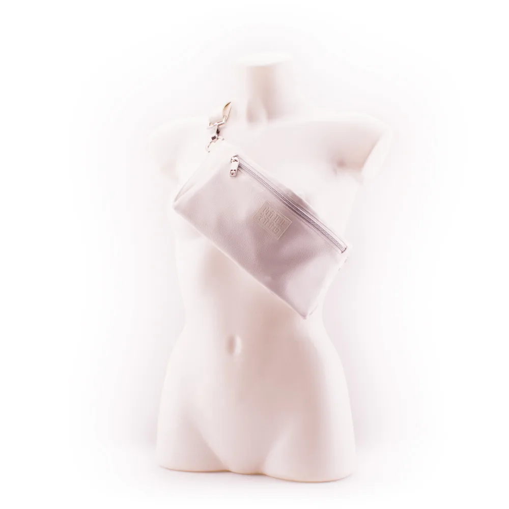 White Designer Belt Bag by manufabo Cross Body on White Mannequin Front View jpg