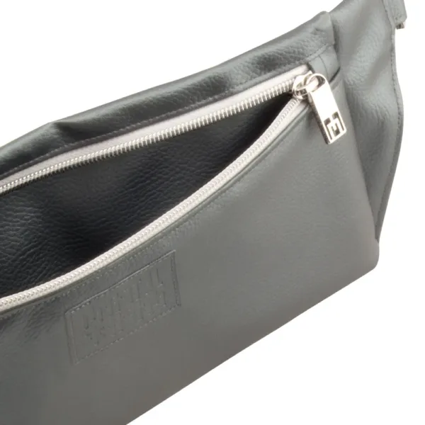 belt bag frontside opened up with manufabo M zipper in metallic dark slate gray jpg