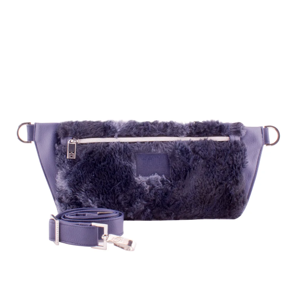 handmade designer belt bag with handbag strap by manufabo in plush fluffy blue beast jpg