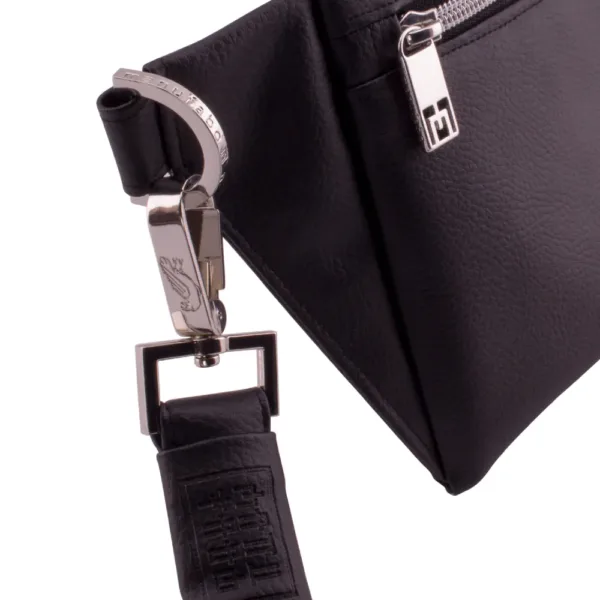 manufabo designer belt bag details on hook d ring and zipper in black jpg