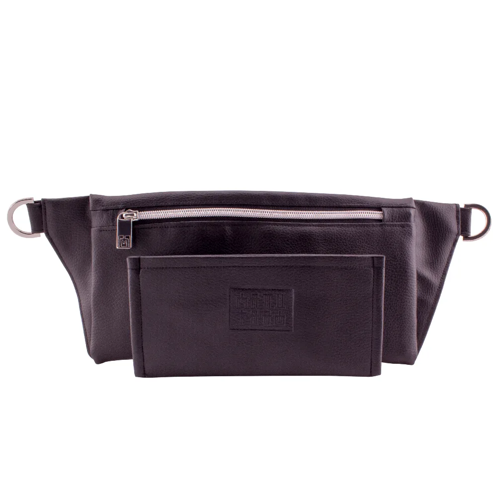 manufabo wallet in front of handmade belt bag backside in black jpg