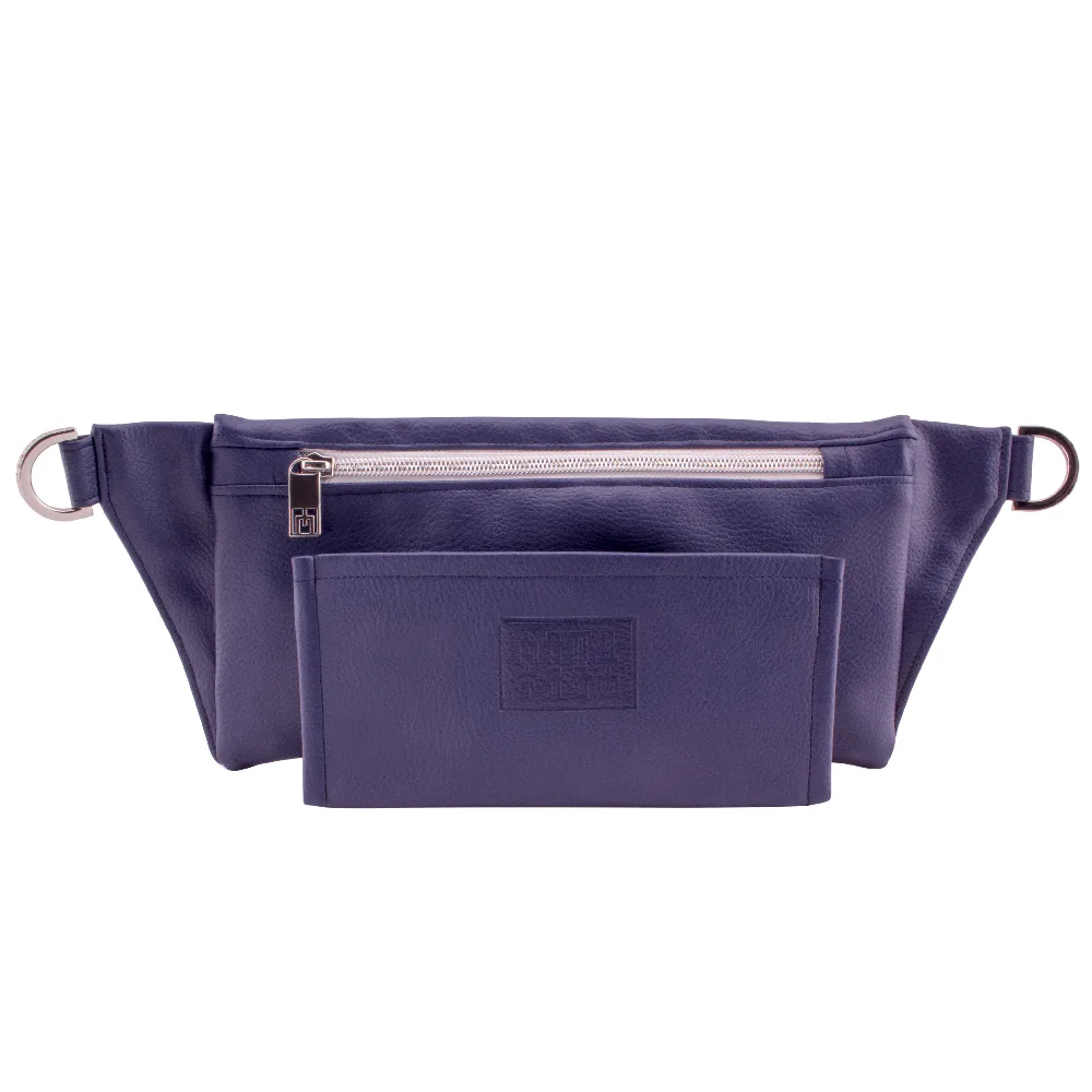 manufabo wallet in front of handmade belt bag backside in deep blue jpg