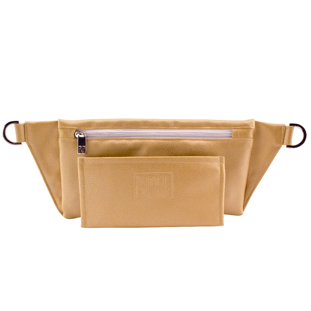 manufabo wallet in front of handmade belt bag backside in metallic gold jpg
