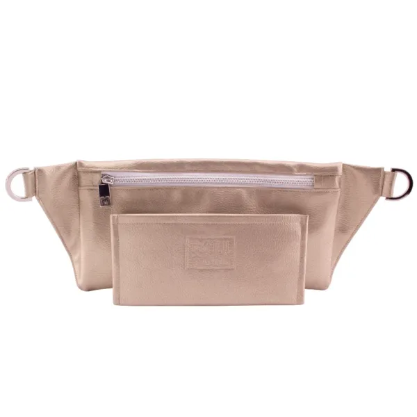 manufabo wallet in front of handmade belt bag backside in metallic sand brown jpg