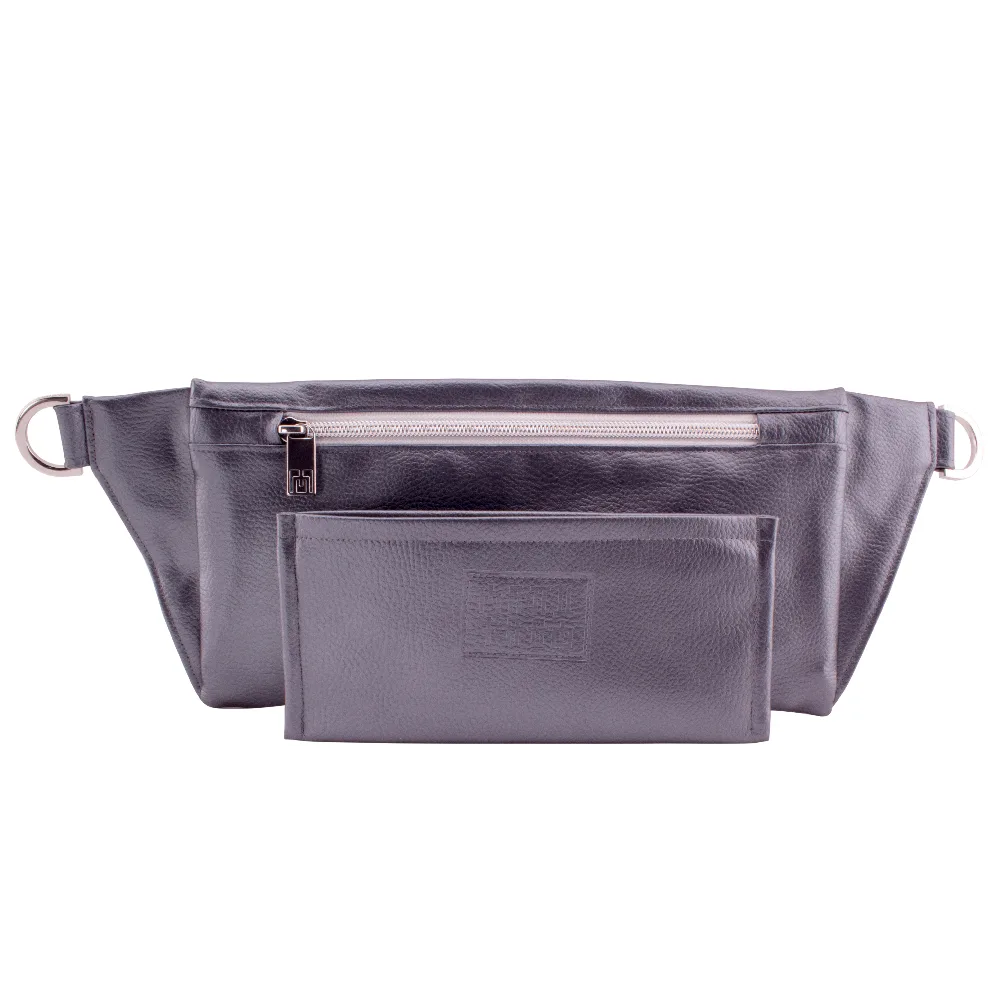 manufabo wallet in front of handmade belt bag backside in metallic slate gray jpg