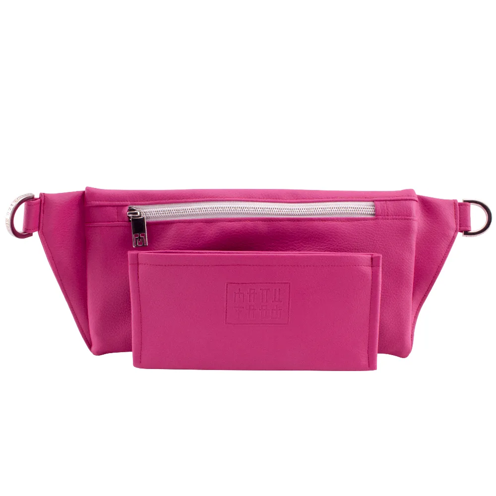 manufabo wallet in front of handmade belt bag backside in pink jpg