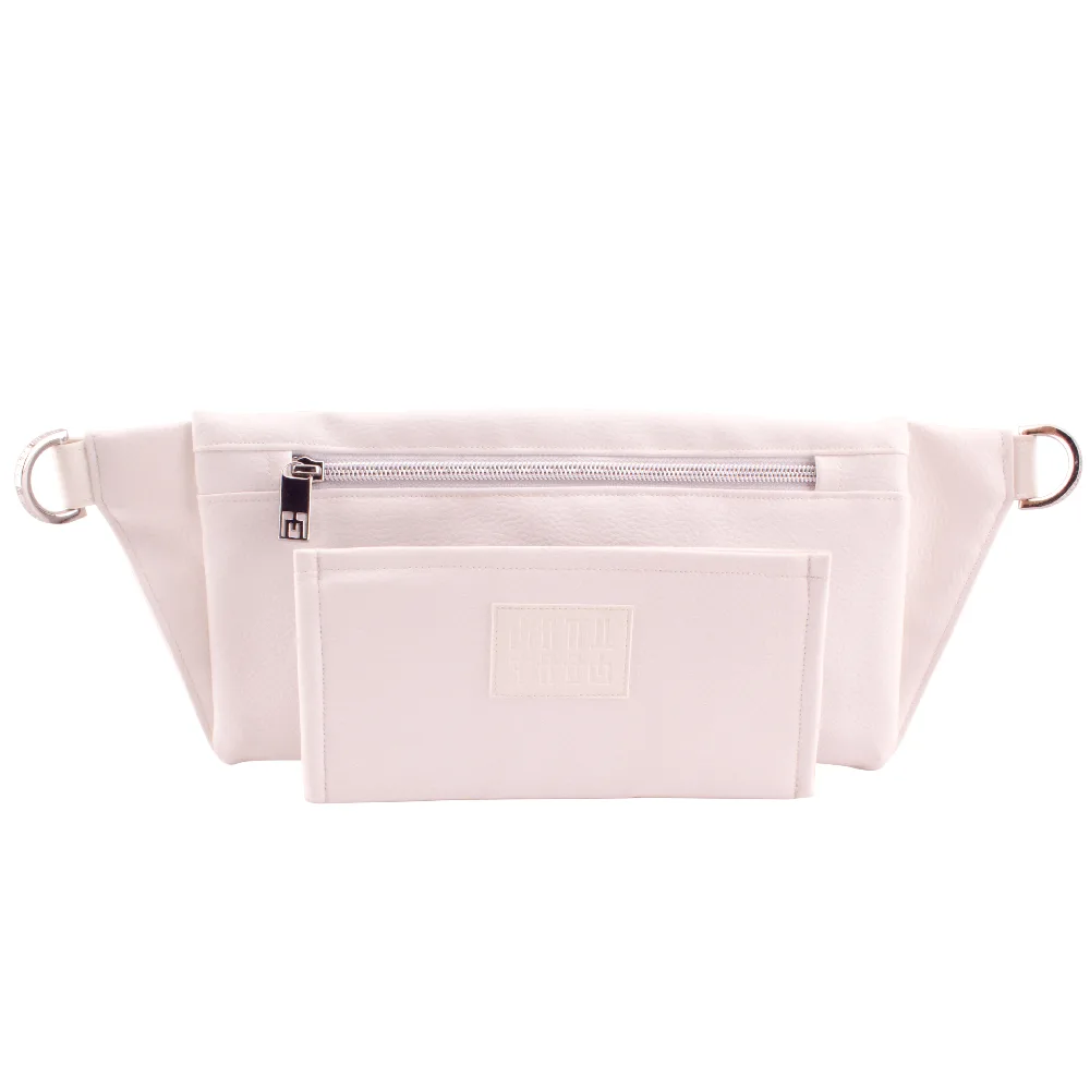 manufabo wallet in front of handmade belt bag backside in white jpg