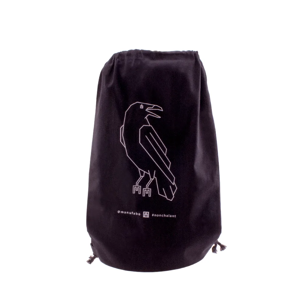 manufabo white raven on nonchalant black drawstring bag jpg