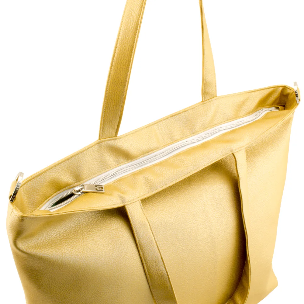 shopper tote bag backside and zipper view by manufabo in metallic gold jpg