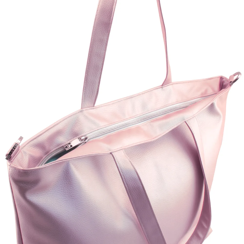 shopper tote bag backside and zipper view by manufabo in metallic rose jpg