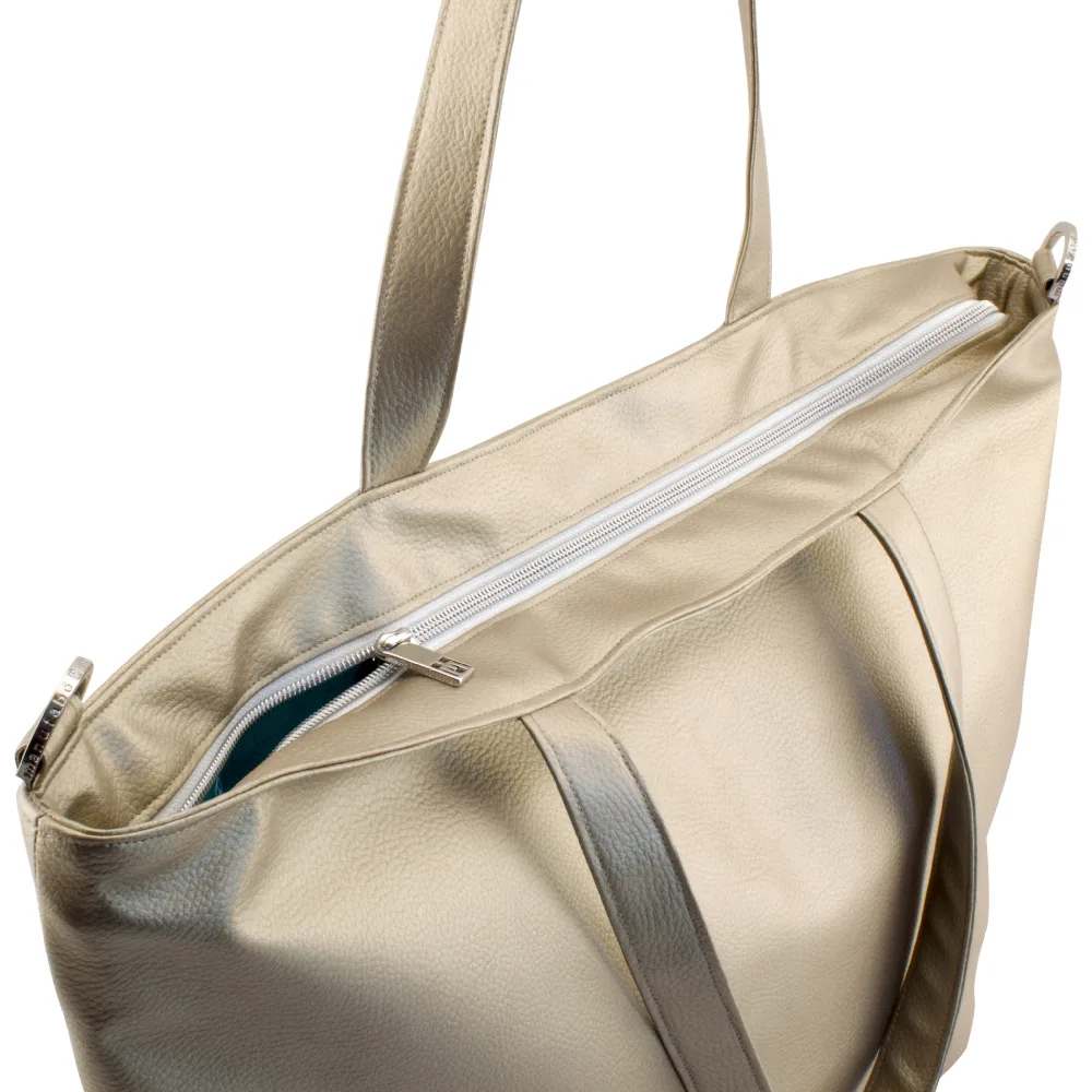 shopper tote bag backside and zipper view by manufabo in metallic sand brown jpg