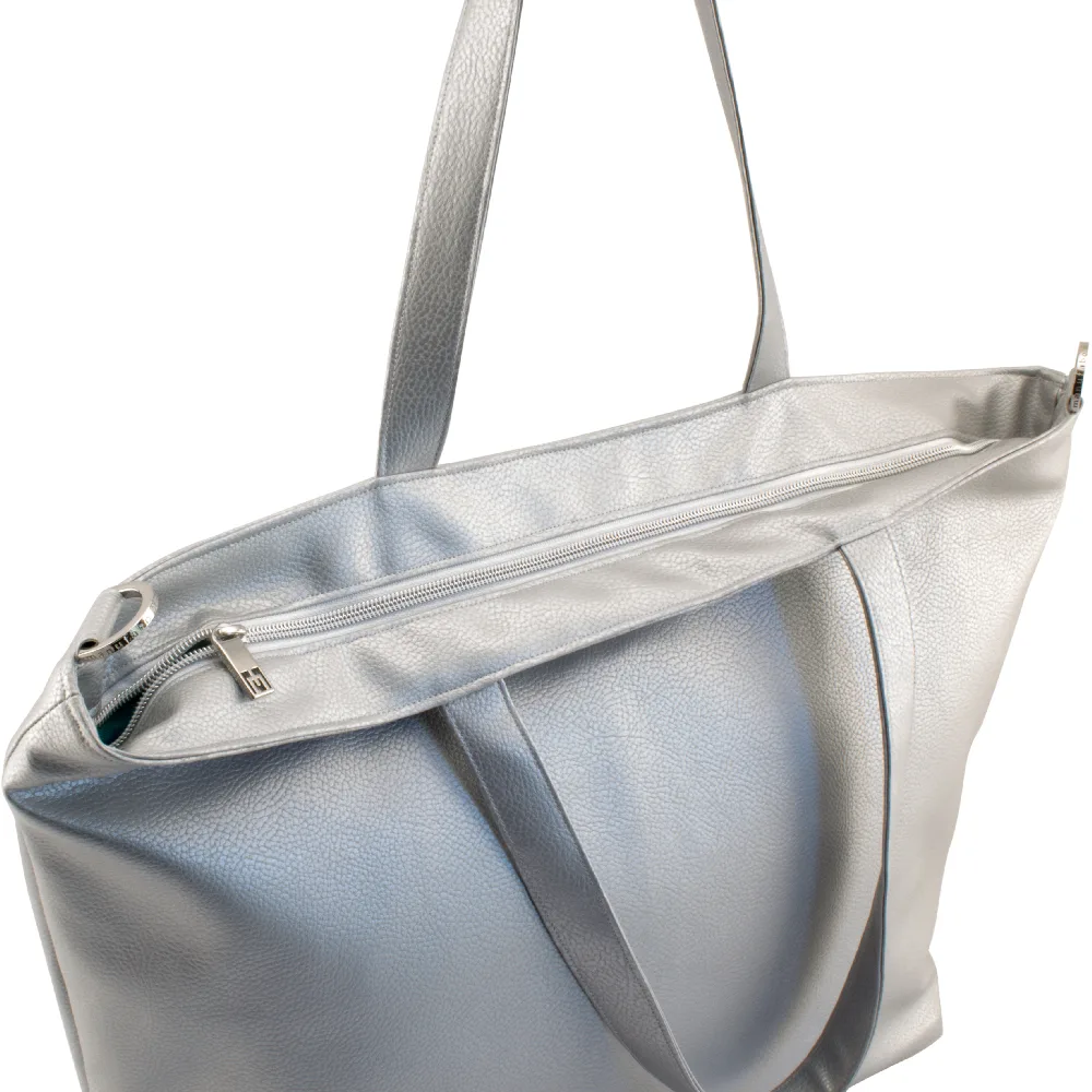shopper tote bag backside and zipper view by manufabo in metallic silver jpg