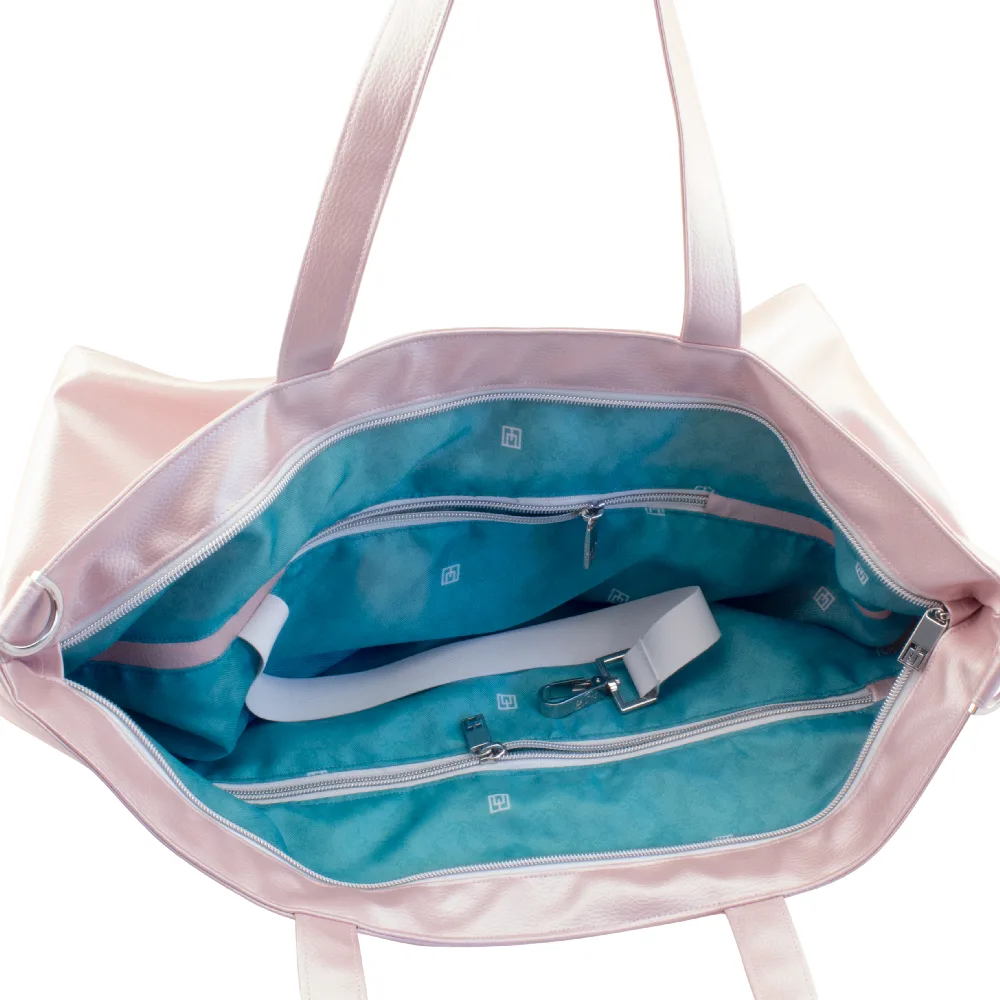 shopper tote bag inside view with manufabo turquoise inner lining in metallic rose jpg