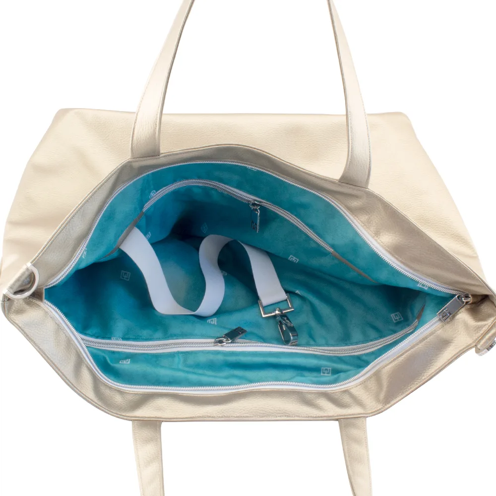 shopper tote bag inside view with manufabo turquoise inner lining in metallic sand brown jpg