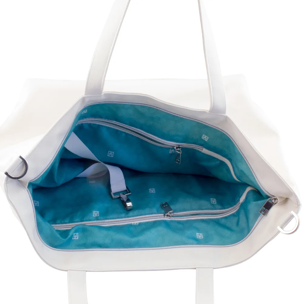 shopper tote bag inside view with manufabo turquoise inner lining in white jpg