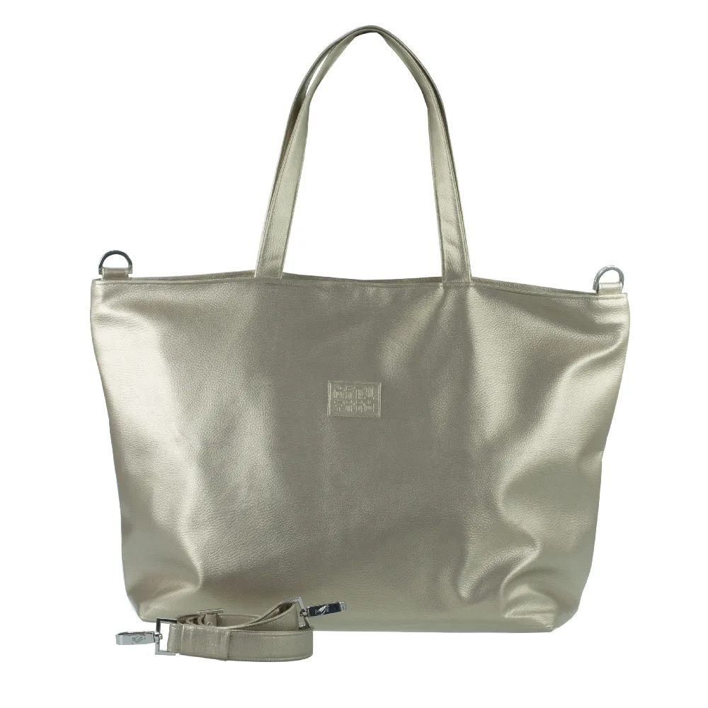 shopper tote bag with handbag strap by manufabo in metallic sand brown jpg