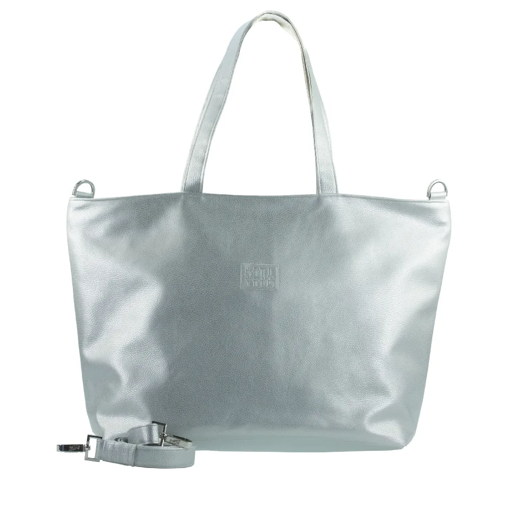 shopper tote bag with handbag strap by manufabo in metallic silver jpg