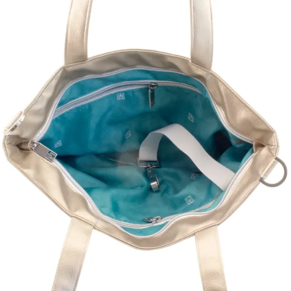 tote bag inside view with manufabo turquoise inner lining in metallic sand brown jpg