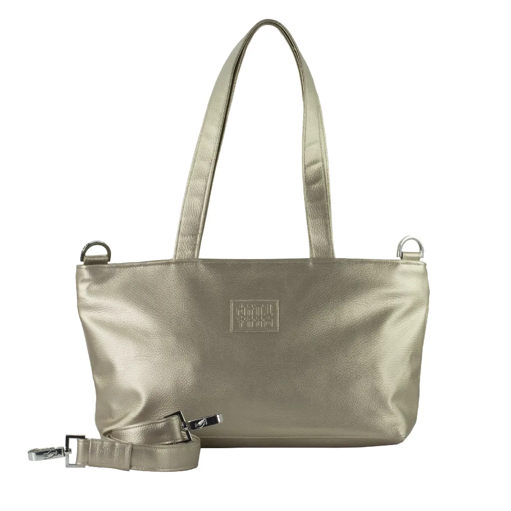 tote bag with handbag strap by manufabo in metallic sand brown jpg
