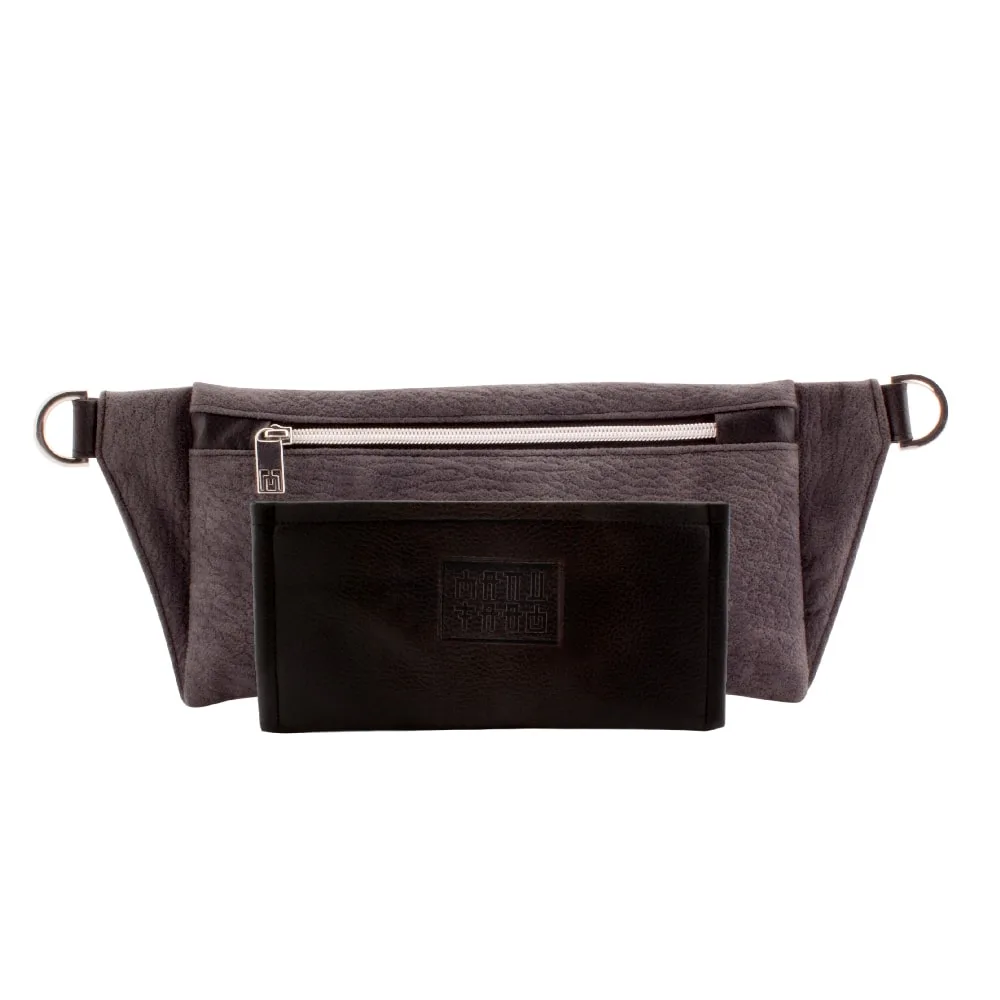 Bundle Manufabo black wallet in front of handmade belt bag in gray elephant 1 jpg