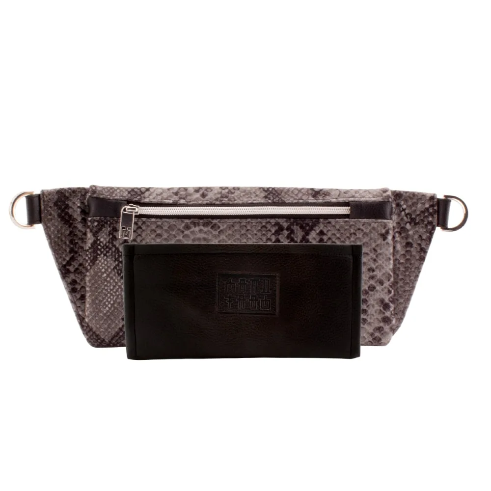 Bundle Manufabo black wallet in front of handmade deluxe belt bag in faux snake leather skin 1 jpg
