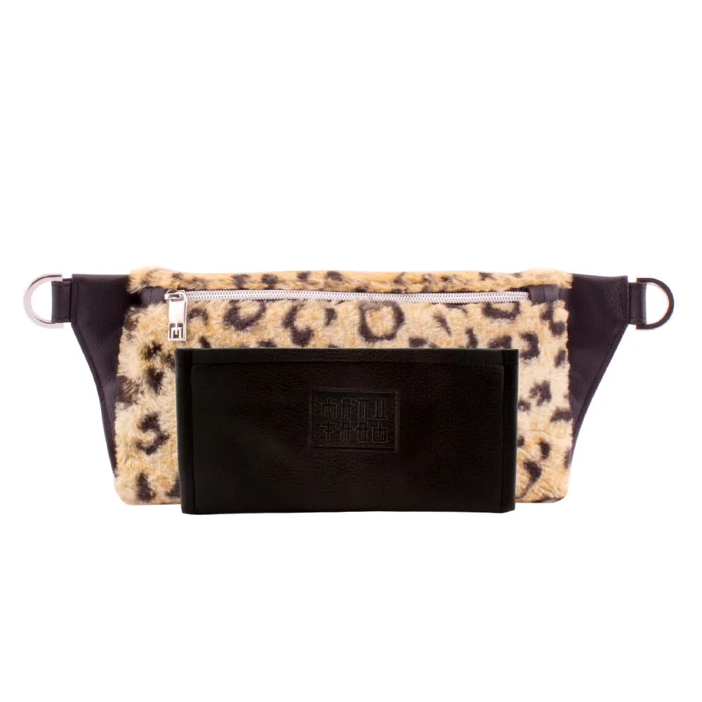 Bundle Manufabo black wallet in front of handmade deluxe belt bag in plush leo 1 jpg