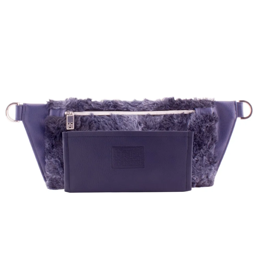 Bundle Manufabo deep blue wallet in front of handmade deluxe belt bag in plush blue faux fur 1 jpg