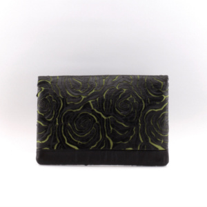 Manufabo Clutch Faux Black Leather Green Roses back