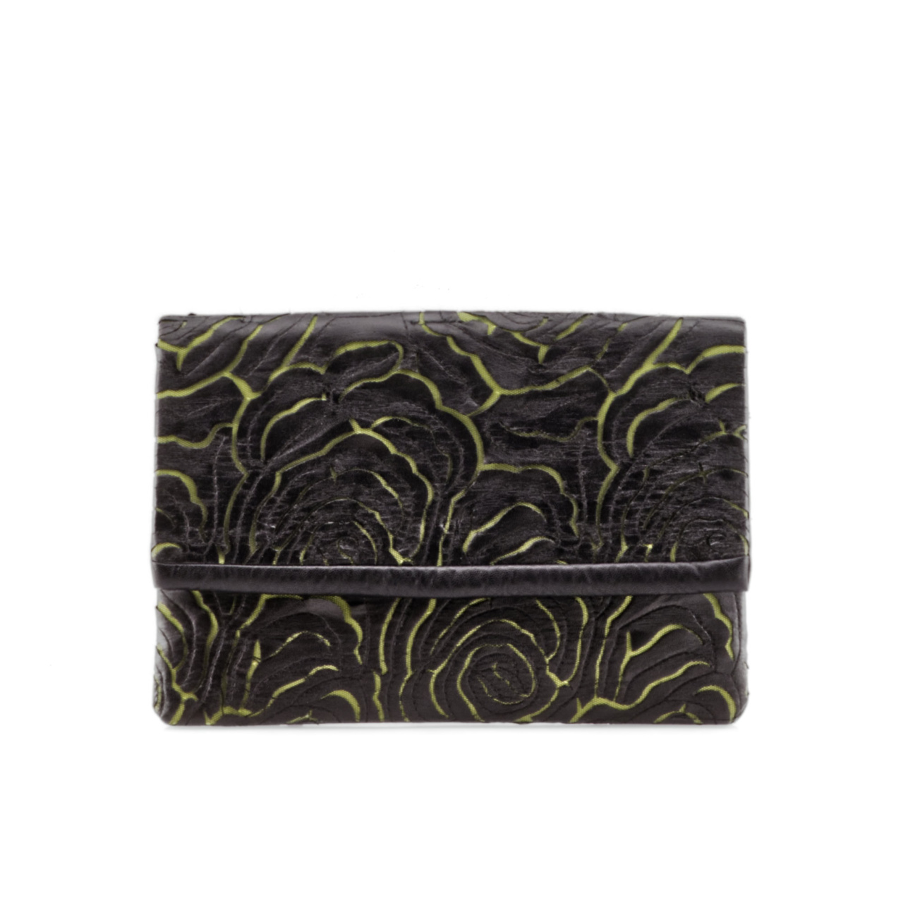 Manufabo Clutch Faux Black Leather Green Roses front