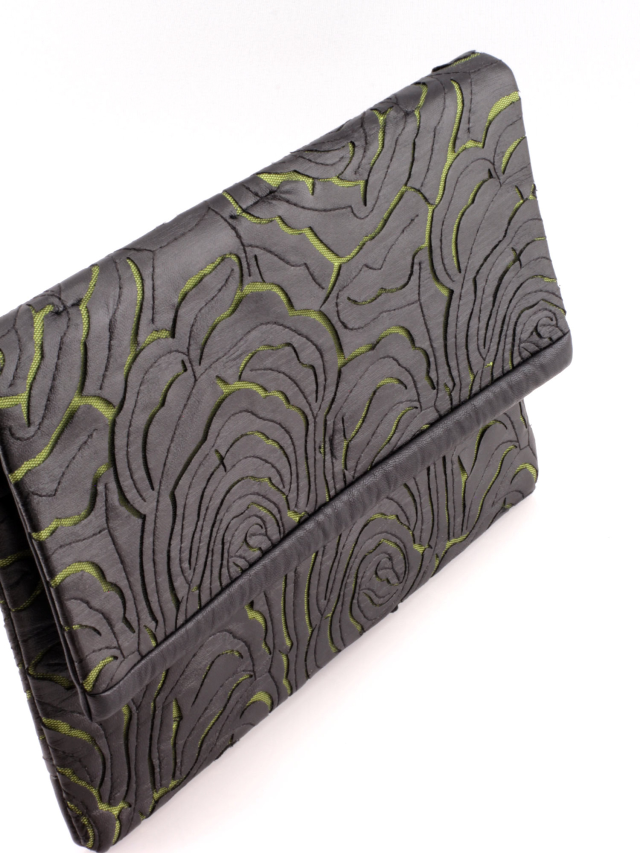 Manufabo Clutch Faux Black Leather Green Roses side