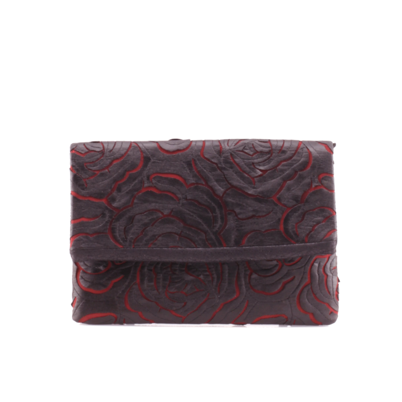 Manufabo Clutch Faux Black Leather Red Roses front